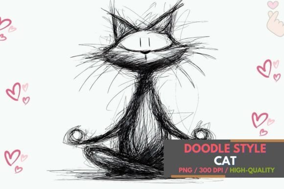 Abstract Meditation Figure Line Cat PNG for Creative Design