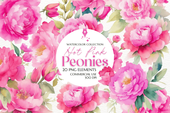 Brighten Your Designs: Hot Pink Peonies Watercolor Clipart