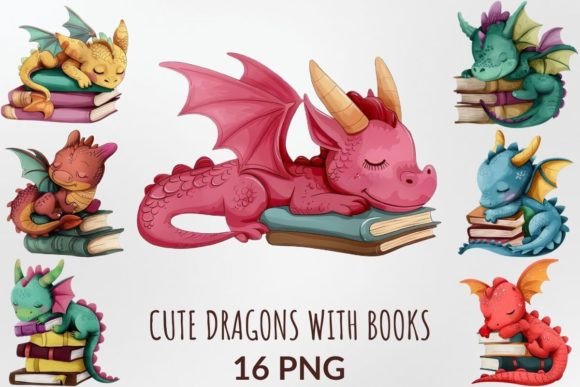 Charming Watercolor Dragons with Books for Creative Projects