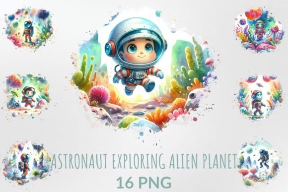 Cute Astronaut Exploring Alien Planet: A Whimsical Visual Asset
