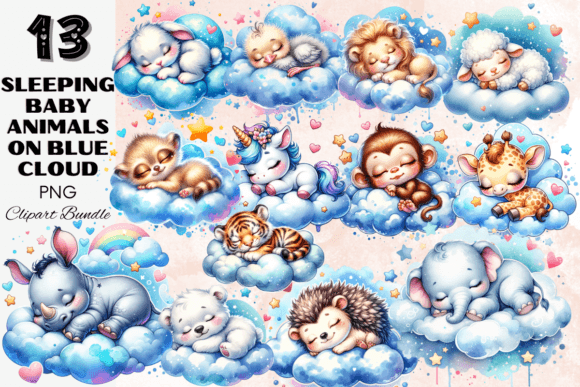 Dreamy Designs: The Sleeping Baby Animals on Blue Clouds Set