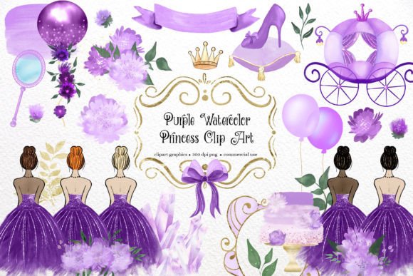 Enchanting Purple Watercolor Princess Clipart for Creative Projects