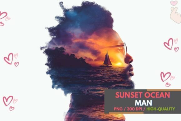 Portrait of Man with Sunset Ocean: A Double Exposure Design Asset