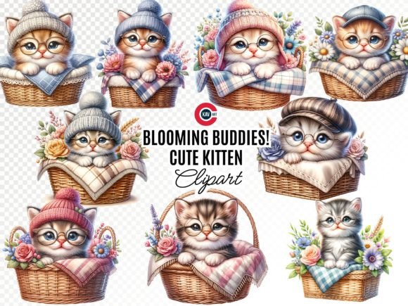 Spring into Creativity: Cute Kitten in Flower Basket Clipart