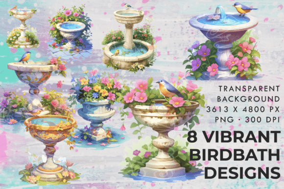 Watercolor Birdbath Floral 8 Clipart Set: Serene Garden Art