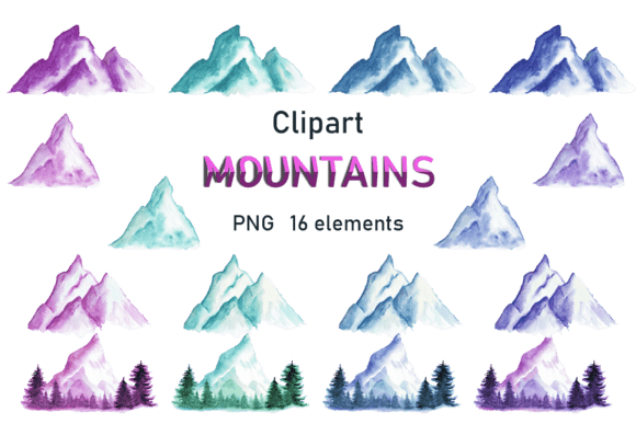Watercolor Mountains Clipart: 16 PNGs for Creative Projects