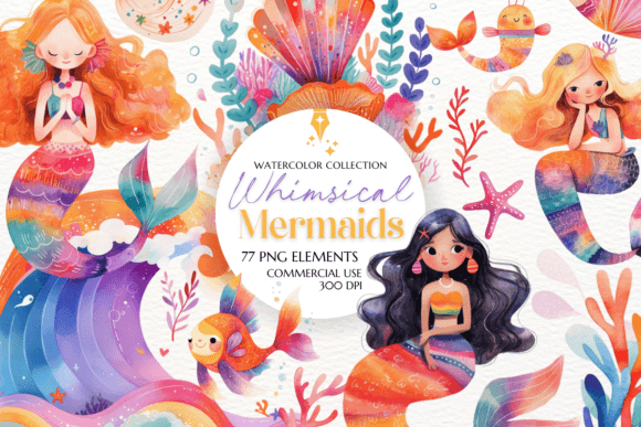 Whimsical Mermaids Clipart Sublimation: Oceanic Design Magic