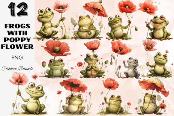 Whimsical Nature: Frogs with Poppy Flower Clipart Bundle